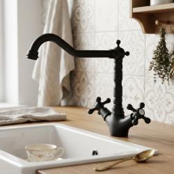 Aquanello Heritage Ascot Klassieke Keuken Nostalgische Keukenkraan Zwart met Haakse Uitloоp BL-4002-HA